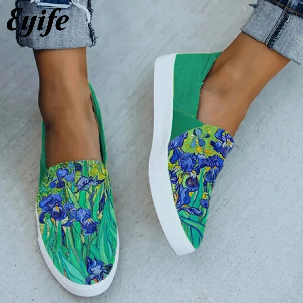 

Spring New Loafers 2022 Fashion Floral Print Ladies Comfortable Slip On Trendy Sneakers 43 Big Size Female Vulcanized Shoes