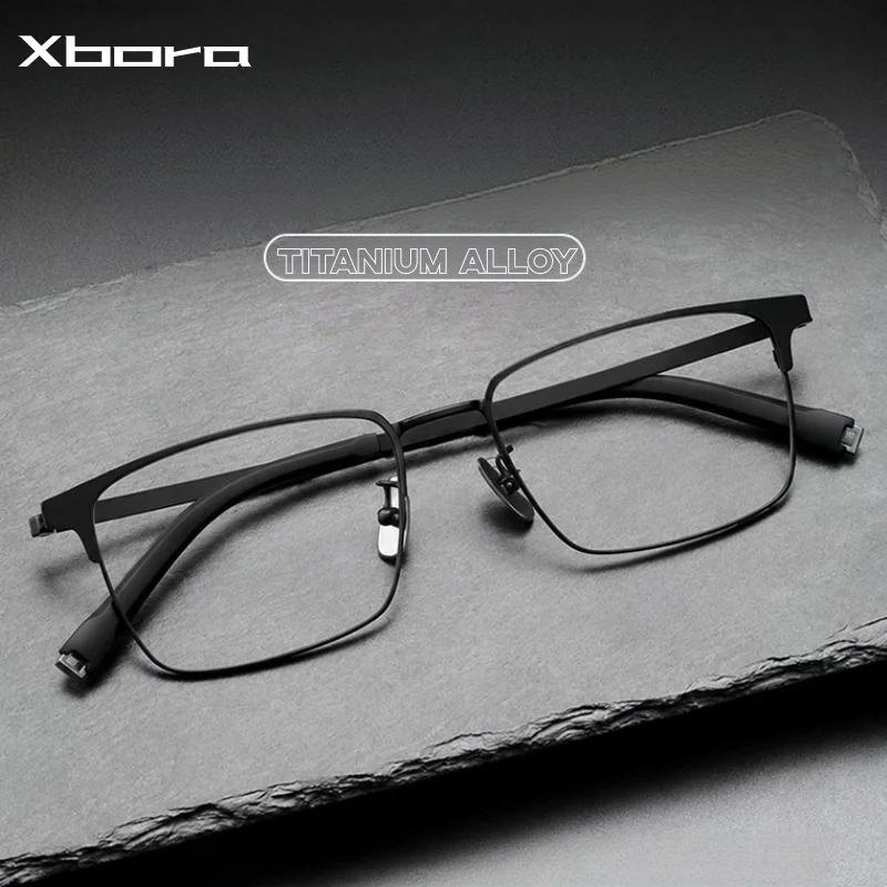 Фото Мужские очки XBORA из титанового сплава, квадратные, с большой оправой, ультралегкие, модные, классические, для отдыха, бизнеса, повседневной работы и учебы №1