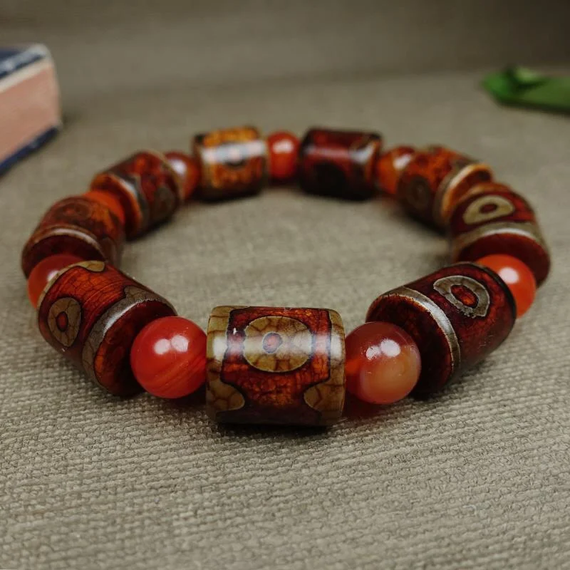 

Natural Hand-carved Tibetan Agate Three Eyes Dzi Beads Bracelet Fashion Healing Jewelry Bangles Men Women Lucky Amulet Bracelets