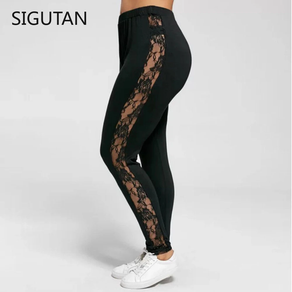 

Plus Size L-3XL Sexy Women Lace Pants Black Insert Sheer Leggings Elastane Leggings Gym Leggings High Rise