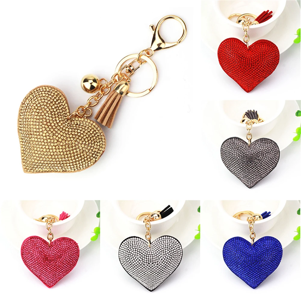 

Cute Heart Keychain Bling Full Rhinestone Tassel Keyrings Bag Hanging Charms Key Holder Women Men Jewelry Pendant Gifts