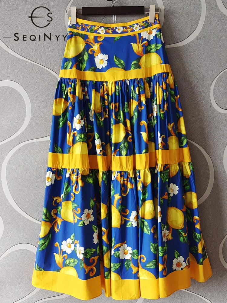 SEQINYY 100% Cotton Blue Skirt Summer Spring New Fashion Design Women Runway Lemon Vintage Flowers Print Sicily Elegant