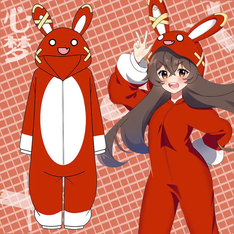 

2023 Genshin Impact Amber Rabbit Bunny Winter Warm Pajamas Women Onesies Fluffy Fleece Jumpsuits Sleepwear Overall Hood Pajamas