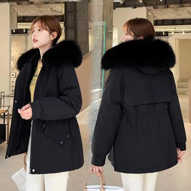 New  Wool Liner Women's Winter Jacket Thick Hooded with Fur Zipper Ladies Parka Solid Long Sleeve Warm Down Coat for Female 2022
