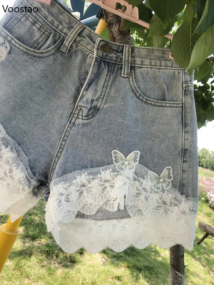 Летние милые кружевные джинсовые шорты с оборками женские корейские шикарные