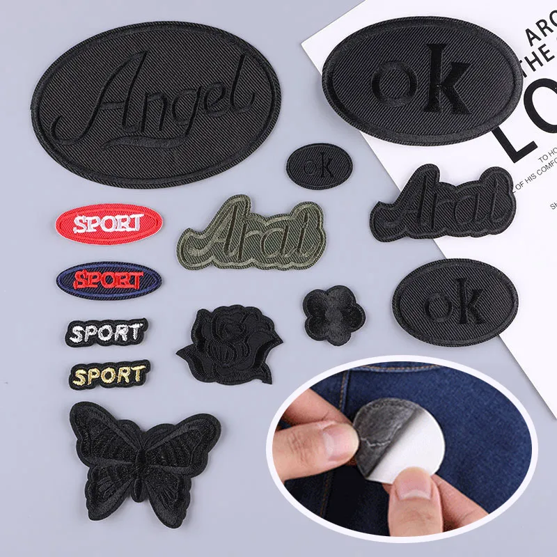 Self adhesive Small Black Embroidery Patches for Clothing Jeans Iron on Clothes Sticker OK Sport Letter Applique DIY Hole Repair