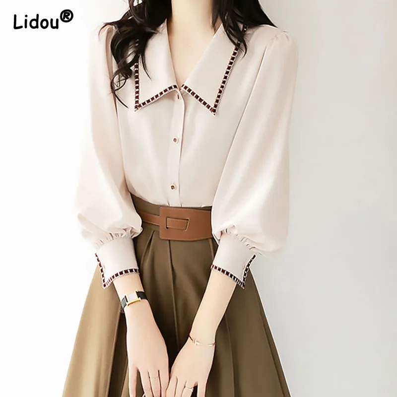 

French Turn-down Collar Lantern Sleeve Ladies Shirt Bright Line Decoration Single Breasted Thin Fairycore Women's Clothing Solid