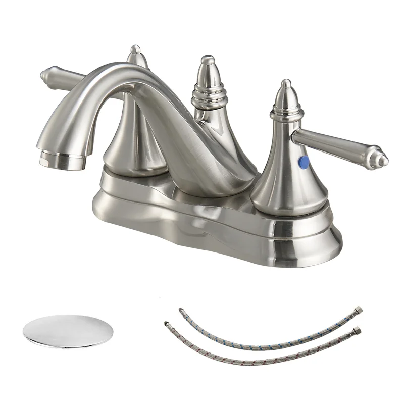 

4 In. Centerset Double Handle Bathroom Faucet with Pop-up Drain Assembly In Brushed Nickel Brushed Nickel Brass