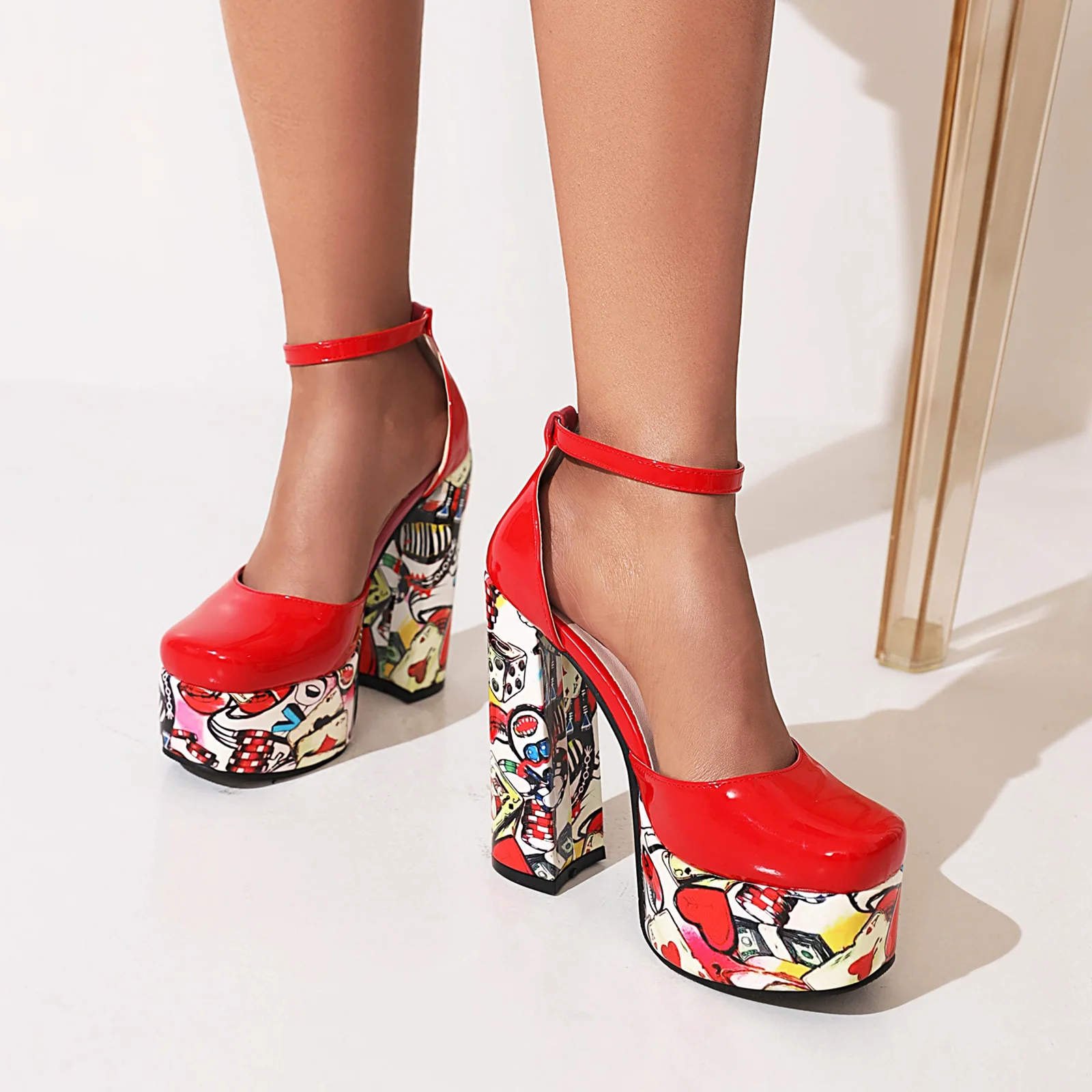 Mix Color Super High Heels Women Red Mary Janes Shoes Shallow Buckle-strap Woman Sexy High Platform Ladies Night Club Shoes