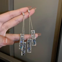 long tassel rectangle blue pink crystal drop earrings for women new bijoux geometric rhinestone earring statement jewelry