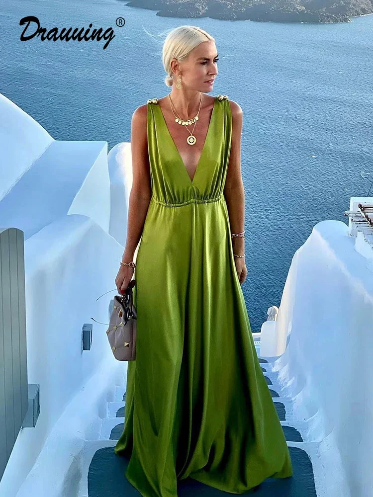 

Длинное шелковое платье D rauuing с V-образным вырезом, женские сексуальные платья без косточек, женские летние свободные платья с открытой спиной, однотонные платья