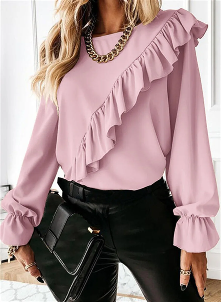 

2022 Spring Autumn Chiffon Women's Blouse White Long Sleeve O-neck Office Blouses Female Fashion Elegant Black Top Ladies