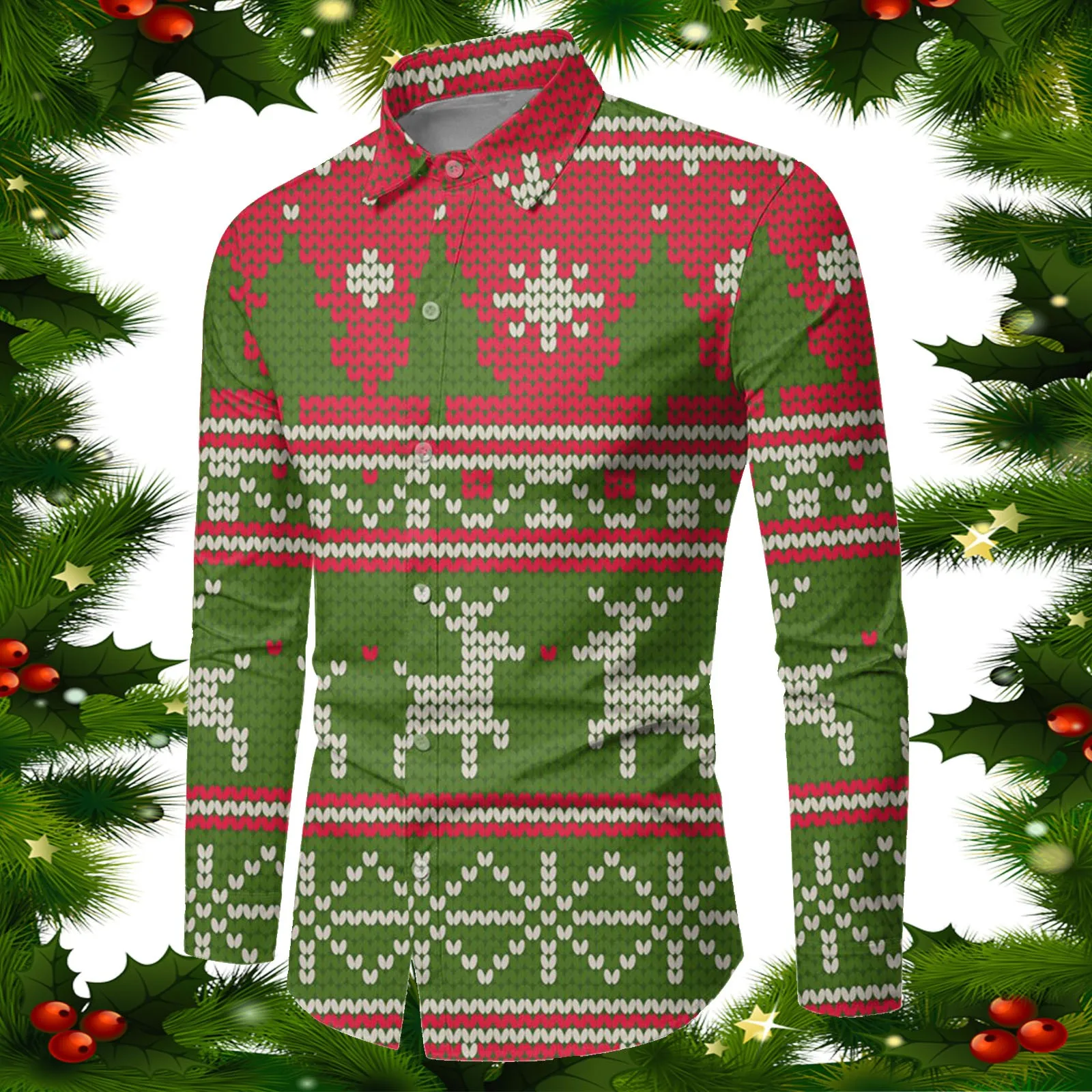 

4 Male Autumn And Winter Christmas Shirts Long Sleeve Full Print Button Festive Funny Special Atmosphere Heavy T Shirt Shirt