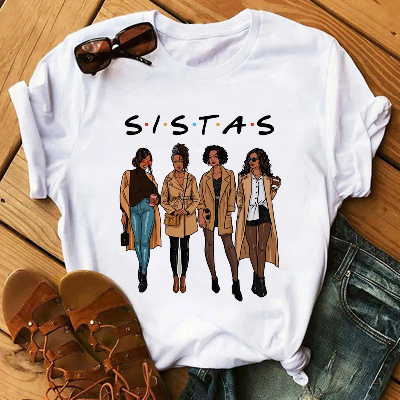 

Black Girls African Women Tshirt Sistas Women Cartoon Graphic Print Tops Female T-shirt Cute Tee Friends T Shirts