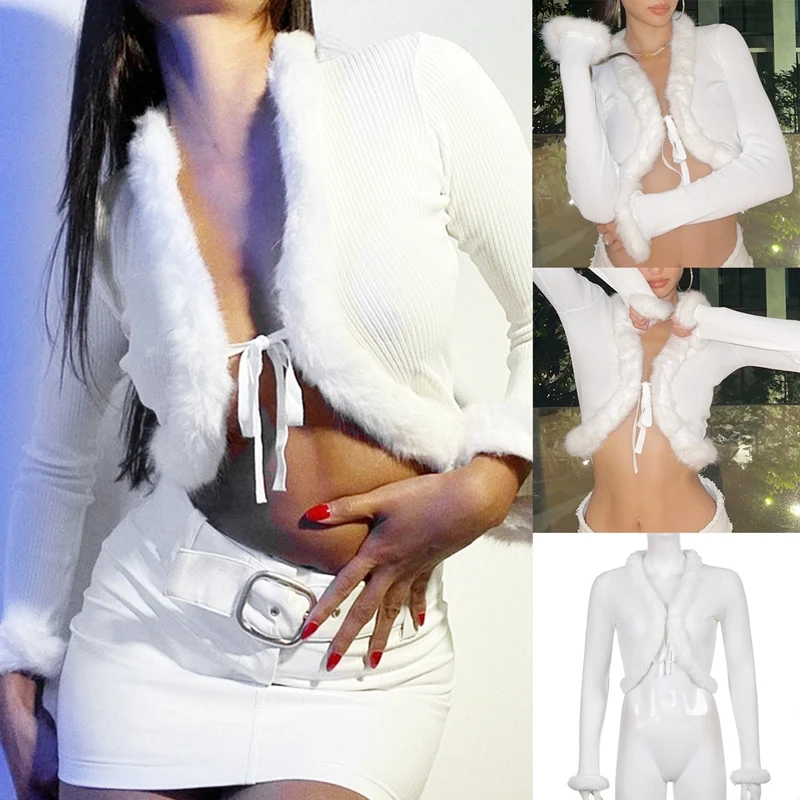 

Kawaii Women Shirts Y2K Aesthetic Ribbed Knitted Korean Cardigan Tops Front Lace Up Long Sleeve Autumn Tees