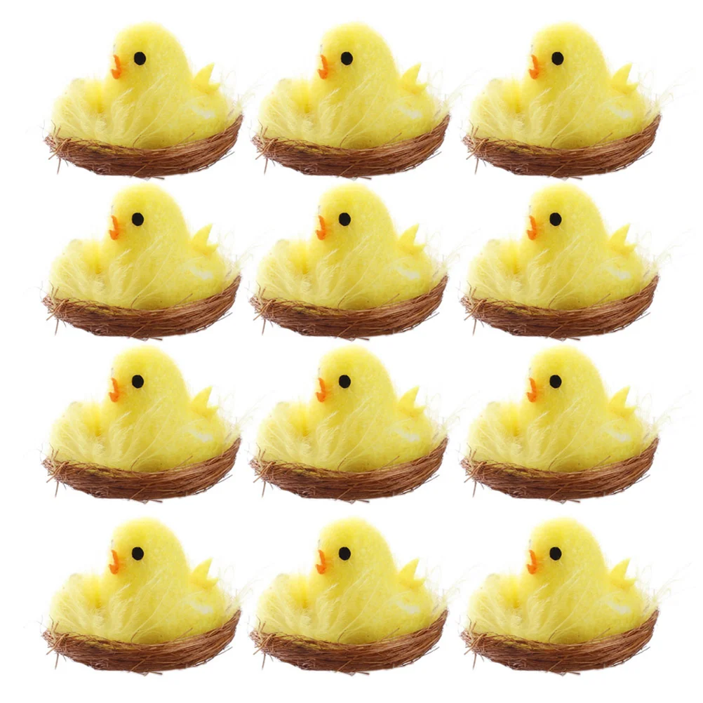 

12 Chicks Chenille Chicks Models Cake Figurine Egg for Egg Bonnet Decoration Yellow