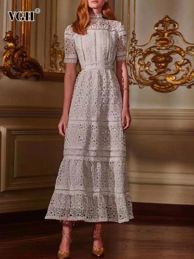 

VGH Embroidery Elegant Cut Out Dress For Women Stand Collar Short Sleeve High Waist Solid Vintage Midi Dresses Female Clothing