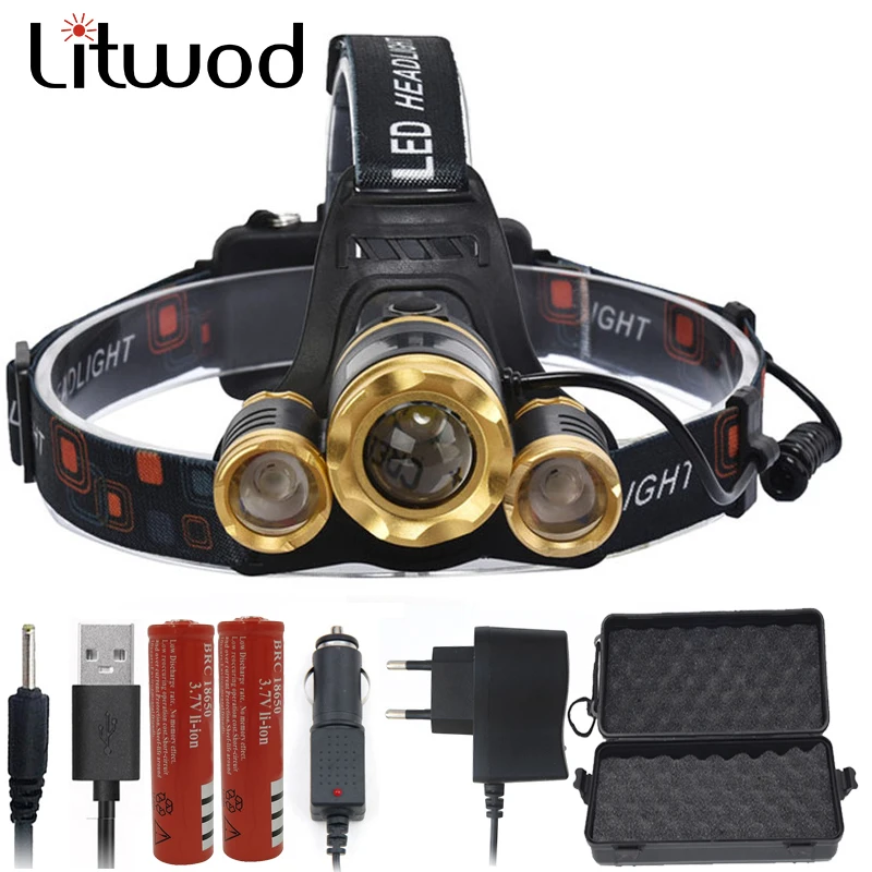 

Litwod Camping Fishing Led Headlights Headlamp Zoomable Adjustable 1*T6 & 2*Q5 USB Rechargeable Lamp Torch Use 18650 Battery