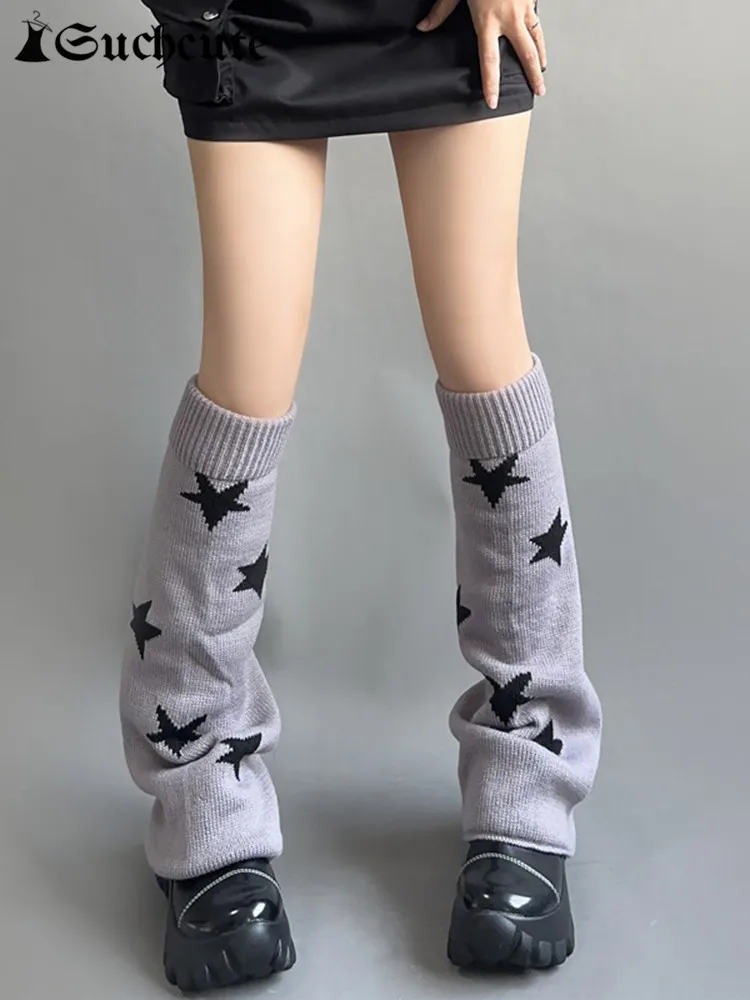 

SUCHCUTE Y2K Star Print Women Trouser Leg Vintage Reversible Dark Academic Stripe Leg Sock Knitted Boot Cuffs Leg Kwaii Japanese
