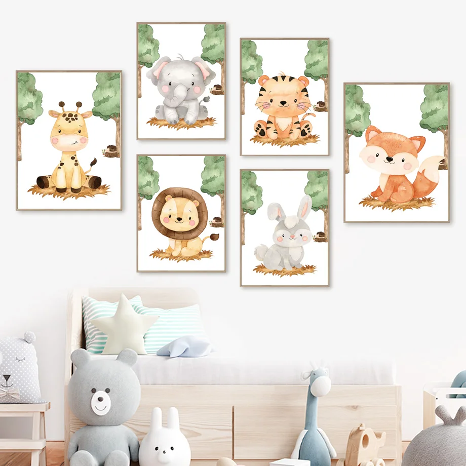

Rabbit Fox Lion Tiger Elephant Giraffe Raccoon Wall Art Canvas Painting Nordic Posters And Prints Wall Pictures Kids Room Decor