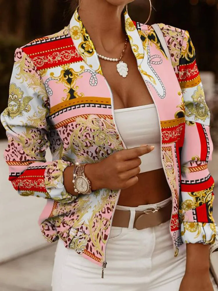 Women's Flower Print Long Sleeve Bomber Jacket Spring Autumn Fashion Casual Zipper Coat Tops Elegant Slim Ladies Jackets Coats