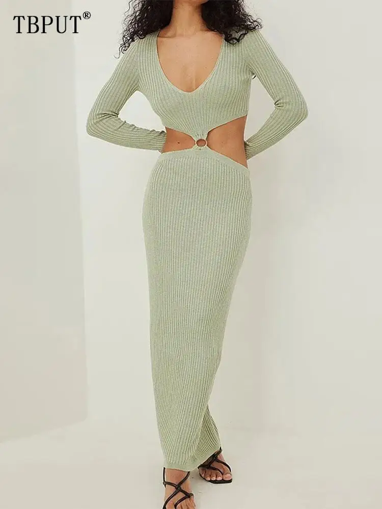 

Sexy Cut Out Women's Knit Dress Elegant Slim V Neck Long Sleeve Dresses 2023 New Summer Autumn Chic Female Solid Streetwear