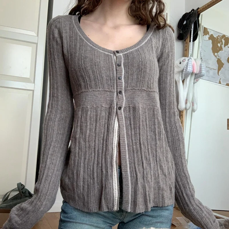 

90s Retro Grunge Sweater Y2K Chic Women Autumn Vintage Knitted Buttons Up Full Sleeve Cardigans Tops 2022 Female Clothes Outfits
