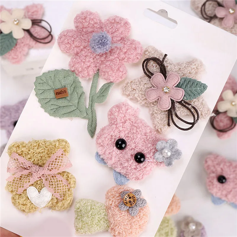 

5 PCs Cartoon Bear Flower Plush Patches DIY Fabric Appliques On Clothes Hat Shoes DIY Scrapbooking Decoration Hair Accessories