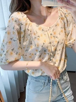floral blouse women summer ladies tops 2022 blouses puff short sleeve button shirt korean fashion woman clothes camisas de mujer