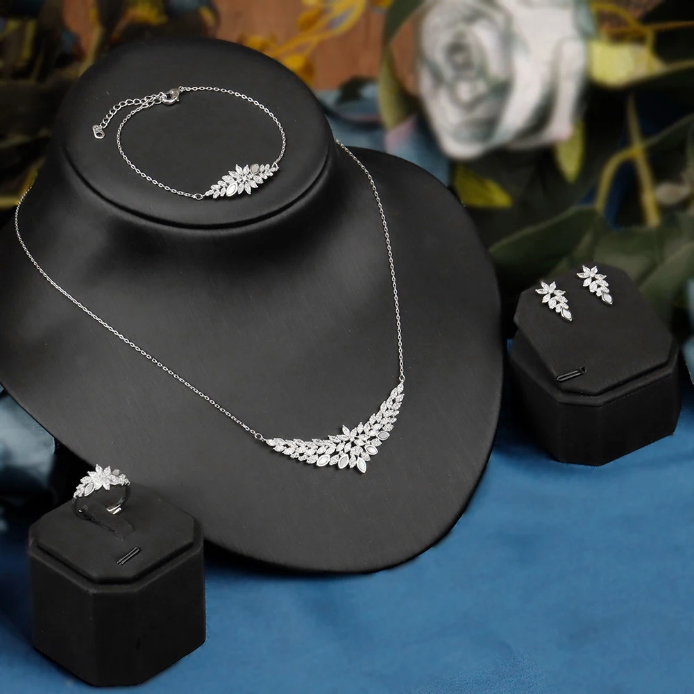 

2023 Fashion 4 PCS Jewelry Set Necklace Earrings Ring AAA Cubic Zirconia Romantic Bridal Wedding Jewellery