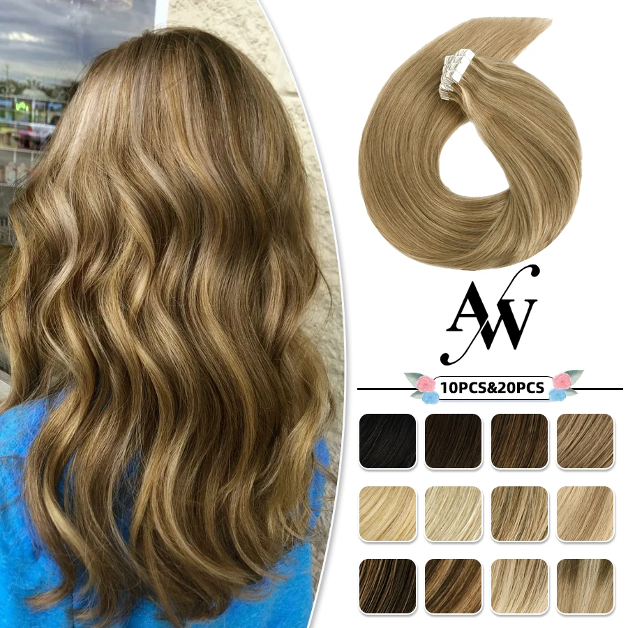 AW Tape In Human Hair Extensions Straight European Natural Hair Extension Skin Weft Invisible 12''-24'' Blonde Black Human Hair