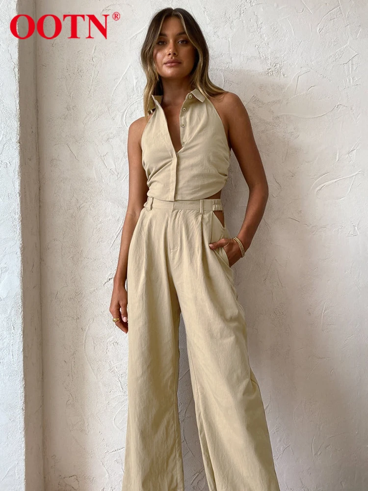 

OOTN, сексуальные летние комплекты из чистого хлопка с открытой спиной, с бретельками, с высоким уличным отворотом, укороченный топ, брючные к...