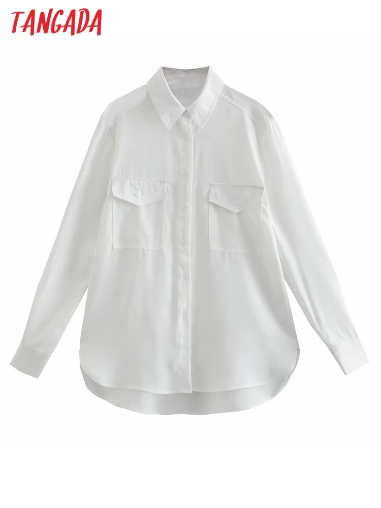 

Tangada Women White Office Lady Shirt Long Sleeve 2022 Chic Female Loose Shirt 4M103
