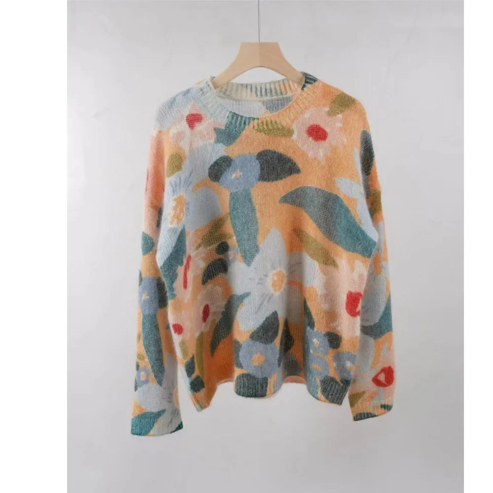 Sezane Ранняя весна с принтом из ангоры шерстяной пуловер рубашка текстура богатый