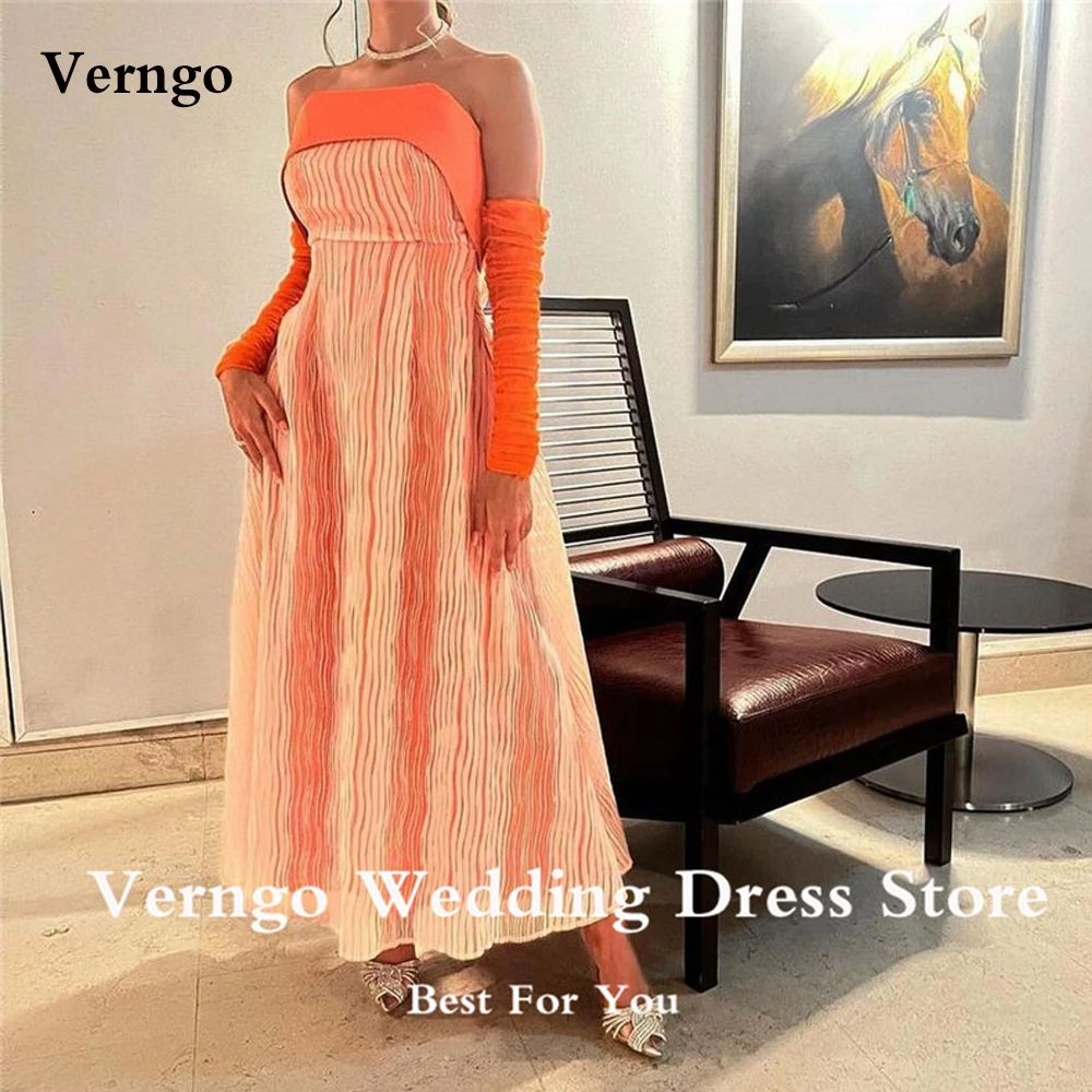 

Verngo A Line Strapless Orange Evening Party Dresses Saudi Arabic Women Prom Gowns Ankle Length Formal Event Robe de soiree