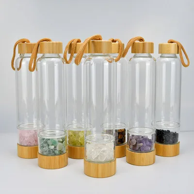 

Natural Crystal Quartz Gravel Gemstone Healing Glass Energy Elixir Drink Water Bottle Bamboo Glass Cup Gift Cute Water Bottle