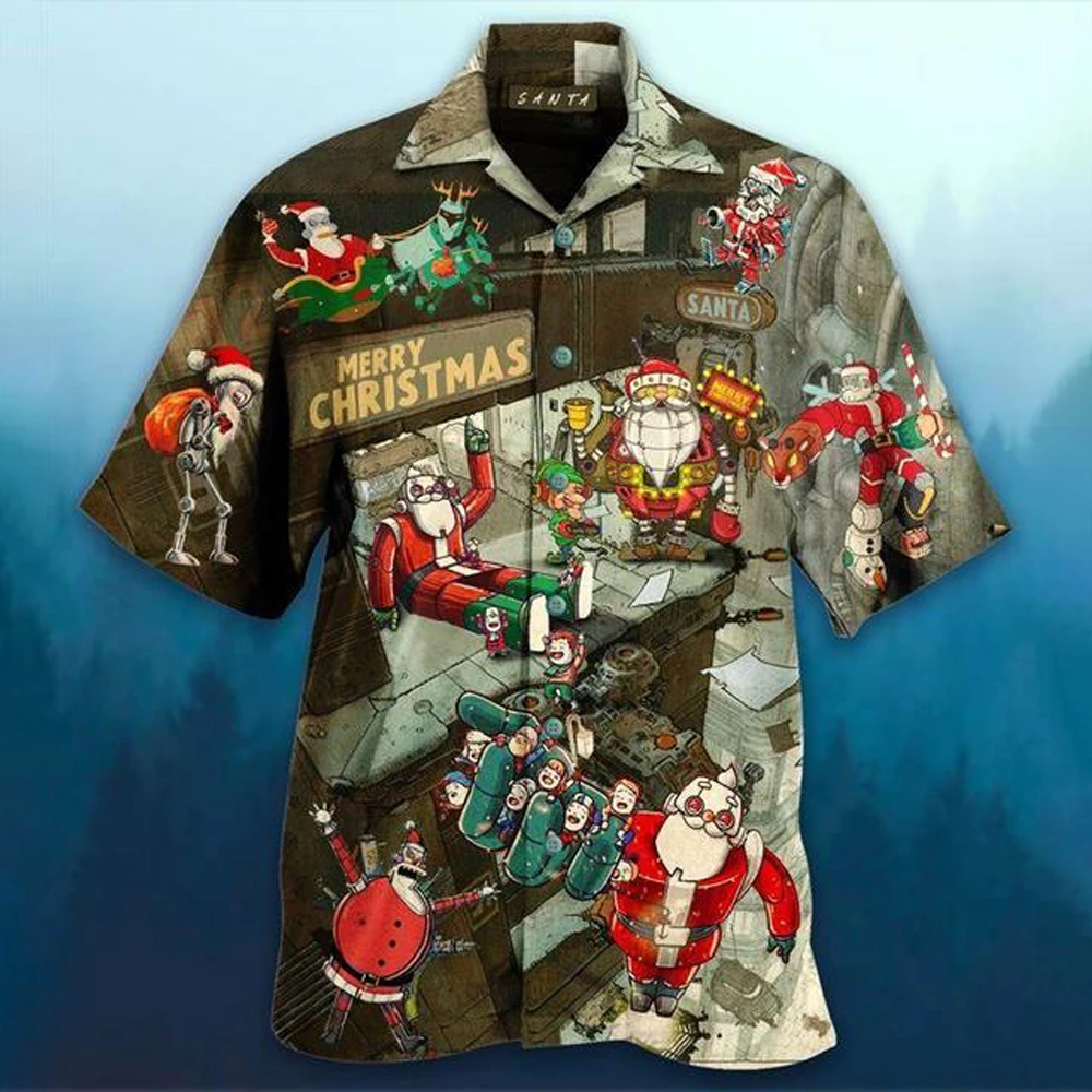 

New Men Christmas Shirts Cuban Collar Short Sleeve Tops Streetwear Shirts for Festive Party Men's Clothing Santa Claus Blouses
