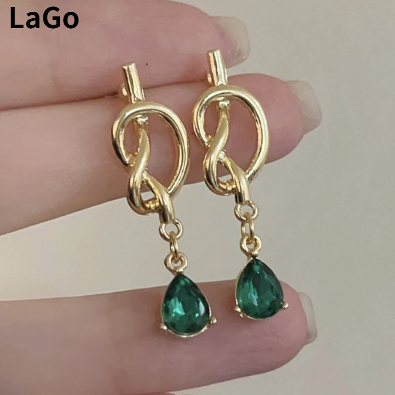 

Trendy Jewelry 925 Silver Needle Knotted Geometry Green color Teardrop Earrings For Women Gifts Vintage Temperament Wholesale