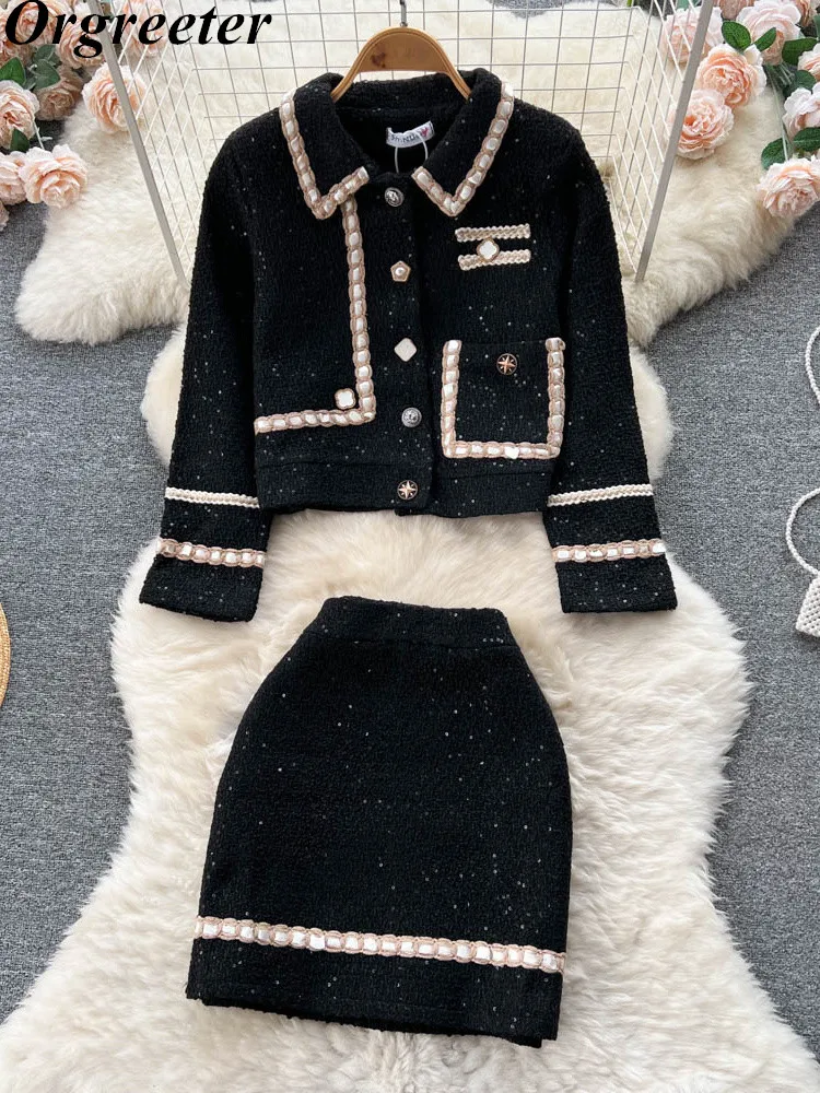 

High Quality Retro Black Tweed Jacket Skirt Women Two Piece Set Fall Winter Sequined Appliques Short Coat Mini Skirt Woolen Sets