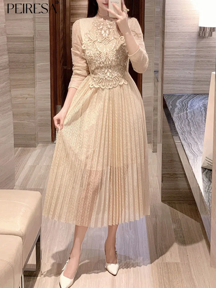 

Женское Плиссированное вечернее платье PEIRESA, элегантное облегающее платье миди с вышивкой, воротником-стойкой и длинным рукавом, платье знаменитости