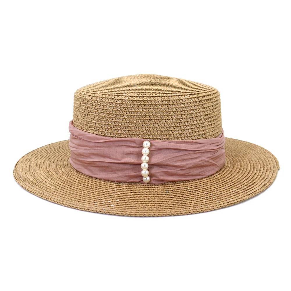 

Шляпа Женская Солнцезащитная в стиле Хепберн, стильная Панама, соломенная элегантная пляжная шапка с жемчугом и бантом, лето