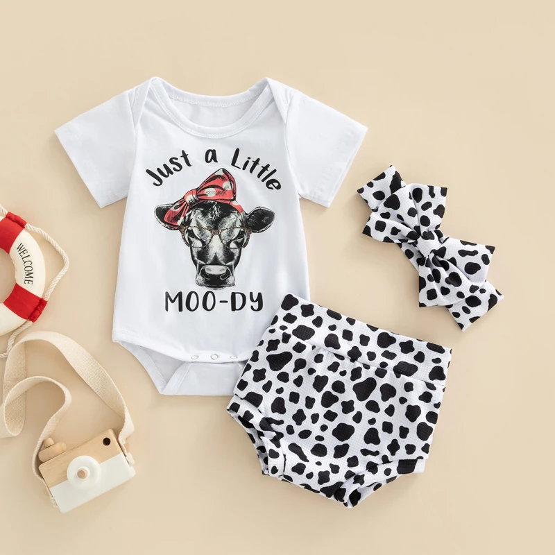 

Летние повседневные комплекты одежды для новорожденных девочек, комбинезоны с коротким рукавом и буквенным принтом + шорты из ПП с коровьим...