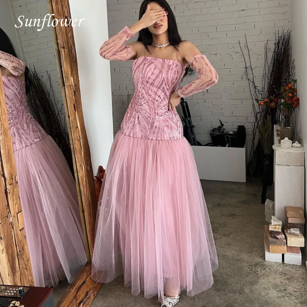 

Sunflower Strapless Formal Evening Dress 2023 Slim Lace Appliques Three Quarter Sleeves Tulle A-LINE High-end Custom Prom Gowns