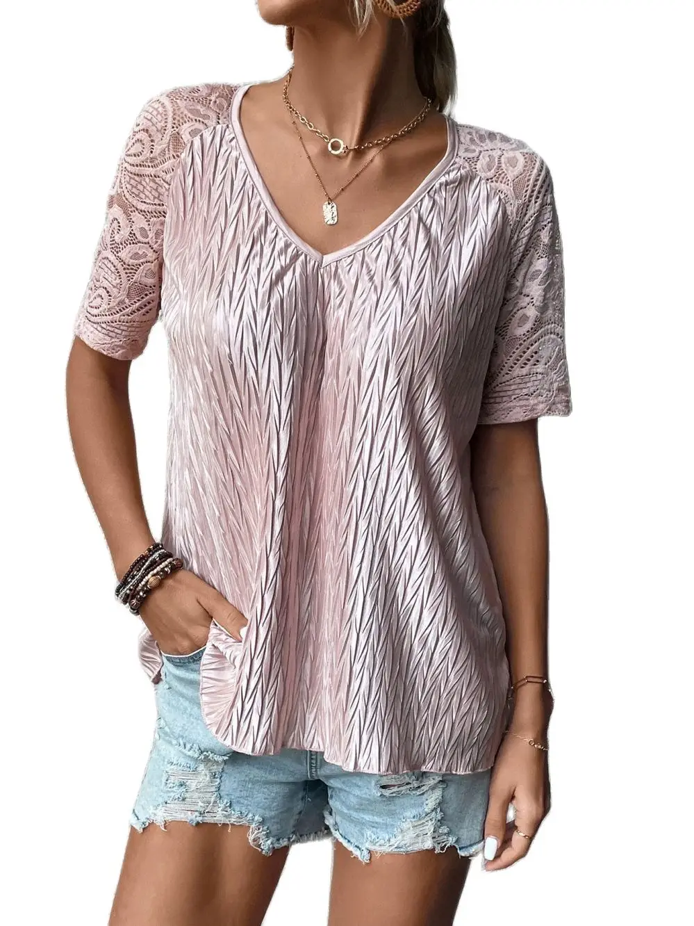 Women's Blouse 2023 Spring/Summer Spliced Lace Shirt Solid V-Neck Top Loose Short Sleeve Top Women