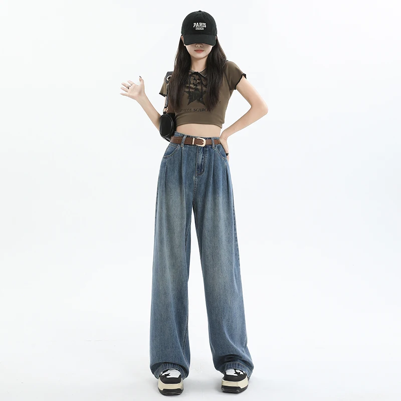 

Корейские прямые мешковатые широкие джинсы с высокой талией, новинка 2023, повседневные женские джинсовые брюки Y2k в стиле ретро, уличная одежда, женские брюки