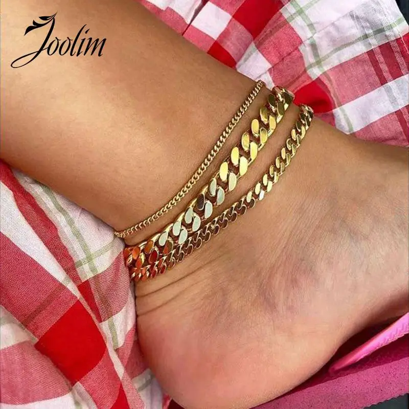 

Joolim Jewelry Wholesale No Fade Fashion Tank Chain Anklet For Women Stainless Steel Summer Beach Foot Stainless Steel Jewelry