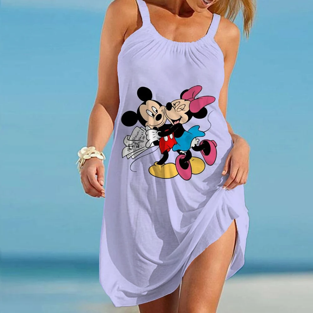 

Summer Women's Dress Short Beach 3D Print Party Mini Mickey Mouse Mickey Minnie Belt Dress Sleeveless Sexy Disney Nightdress