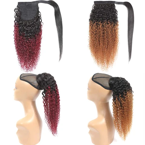 Афро кудрявые накладные человеческие волосы на шнурке 1B/99J цветная накладка на хвост длинный конский хвост заколка для волос