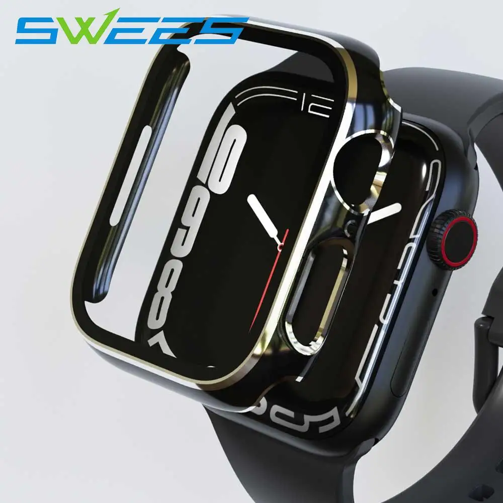 

Glass+Cover for apple watch series 7 case for iwatch electroplating shiny PC protector 41 45mm Ultra-thin frame band