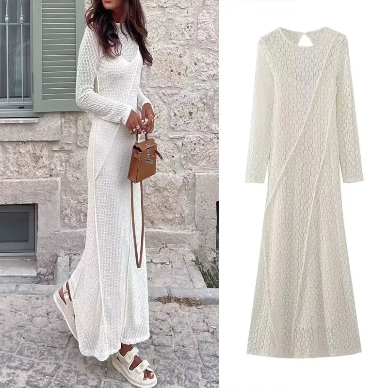 

Белое Женское платье с круглым вырезом, открытой спиной и длинными рукавами